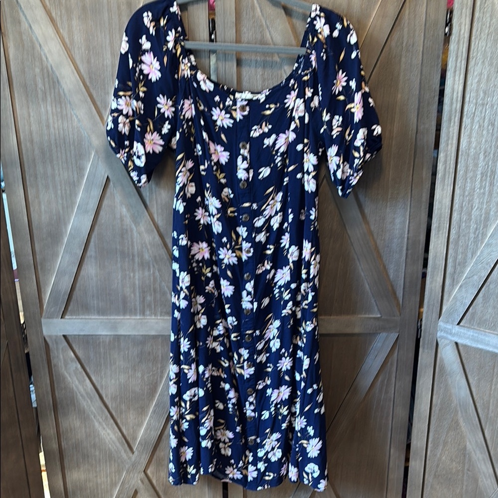 Floral Puff Sleeve Summer Dress Navy Blue Pink Flowers Large